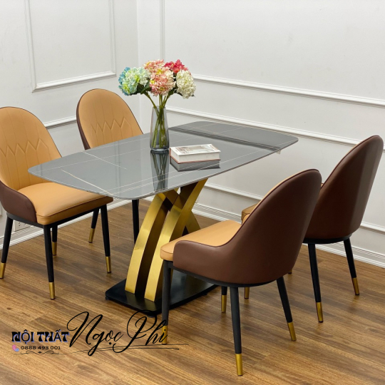 Bàn Ăn Mặt Đá Ceramic Chân Chữ X Mạ Titan Vàng 26