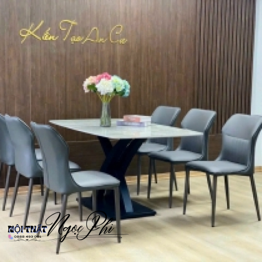 Bàn Ăn Mặt Đá Ceramic Chân X Mạ Titan Vàng 02